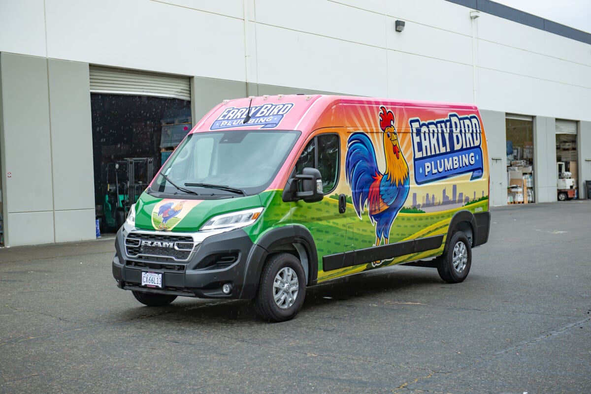 Transformed company vehicle with a bold wrap design installed by ProWraps Inc., Sacramento and San Francisco service areas.