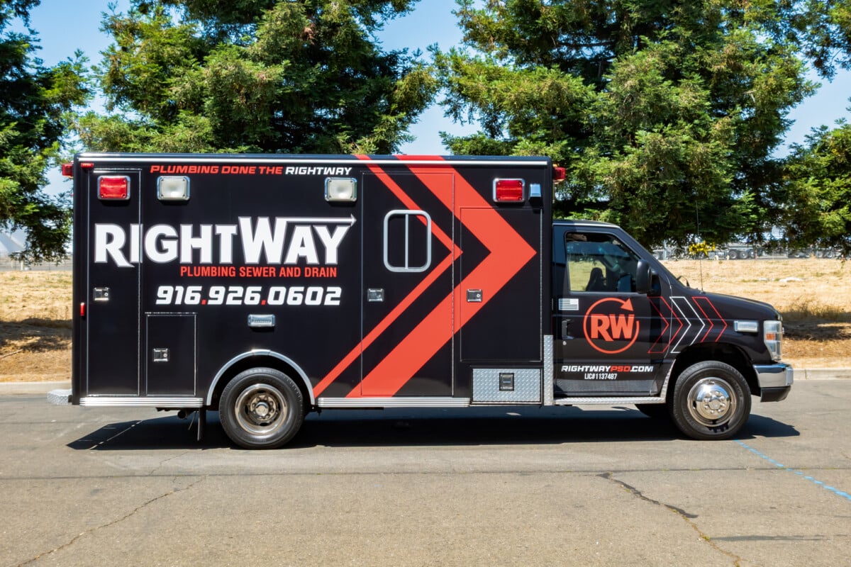 Branded plumbing van wrap designed and installed for Rightway Plumbing Sewer and Drain