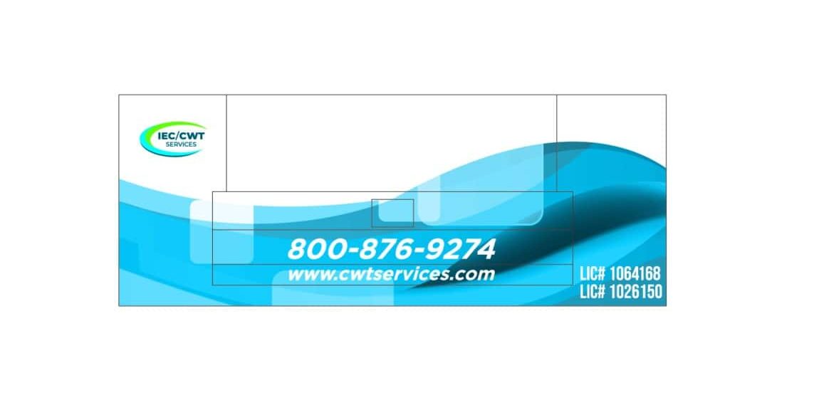 Digital mockup showing the IEC Services partial wrap design on an F250 utility truck, displaying layout, colors, and branding placement.