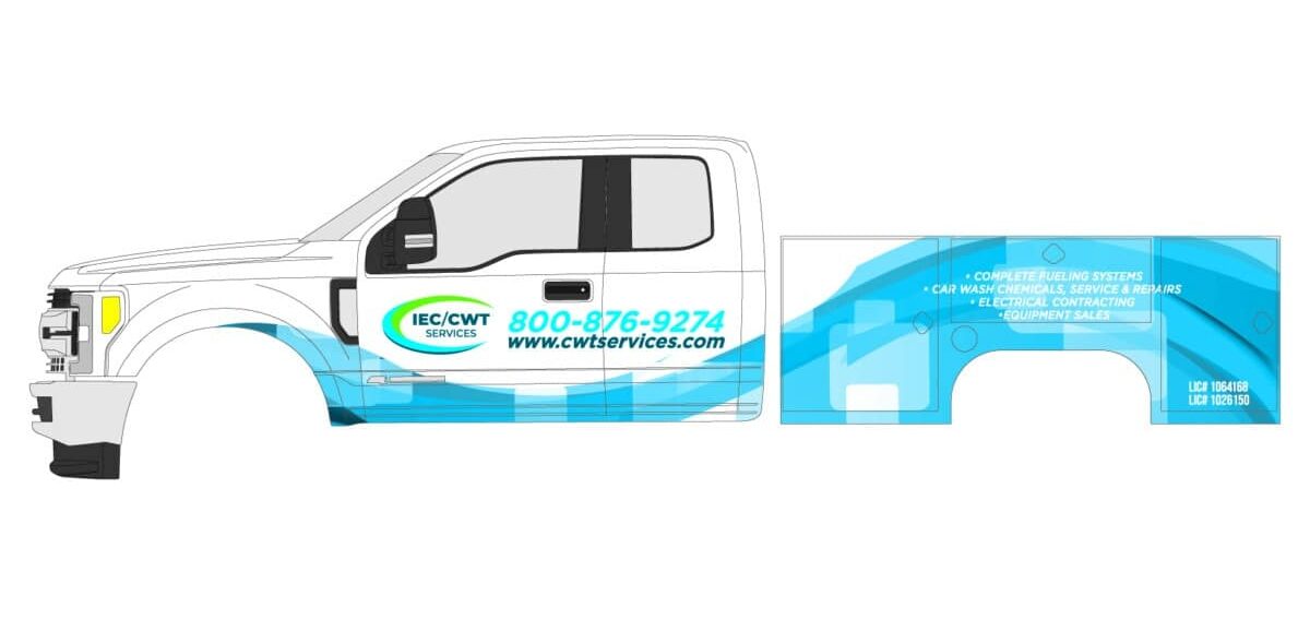 Mockup preview of the IEC F250 utility truck wrap design before production and installation.